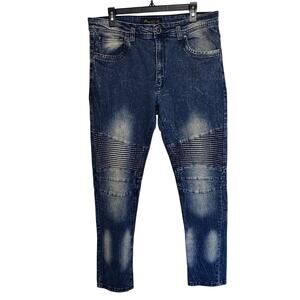 Mens marc ecko cut & sew blue distressed moto streetwear jeans size 36x32